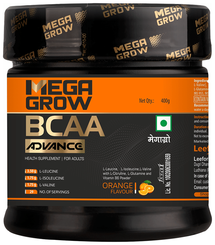Megagrow BCAA Advance Supplement Powder for Fast Recovery & Muscle Growth Orange
